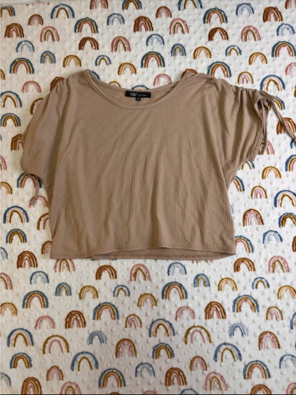 YMI Taupe Ribbed Cropped Tie-Sleeve Top